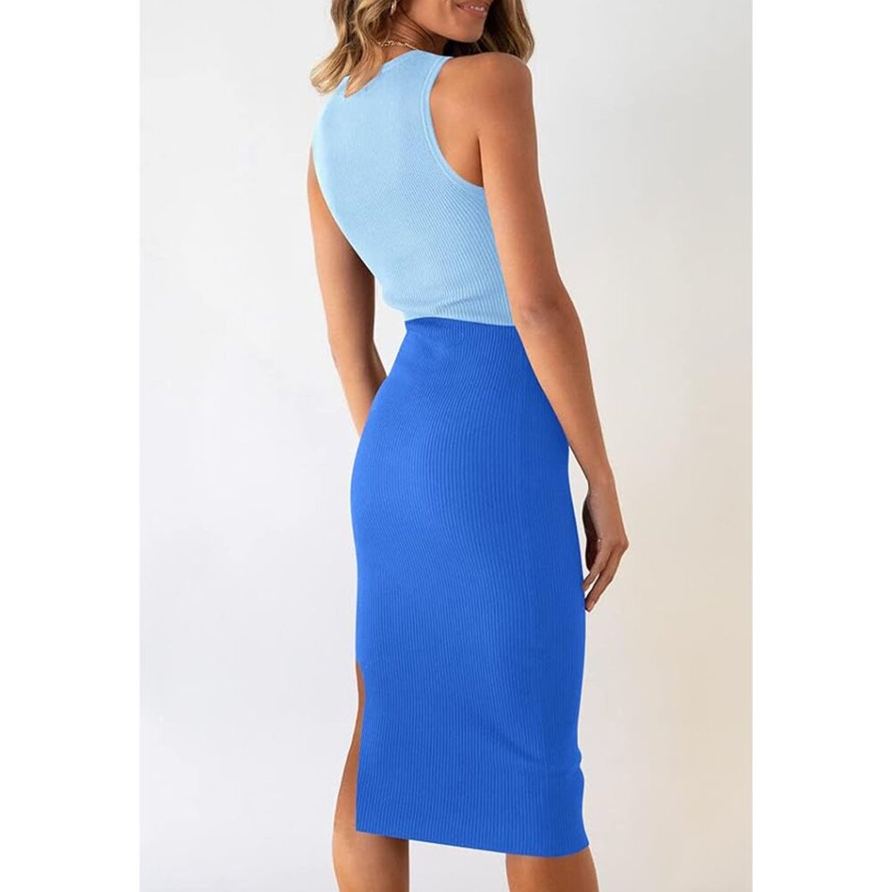Like New Women's Summer Midi Bodycon Dress Crew Neck Slit & Cut Out Mid Sz L - Picture 4 of 5